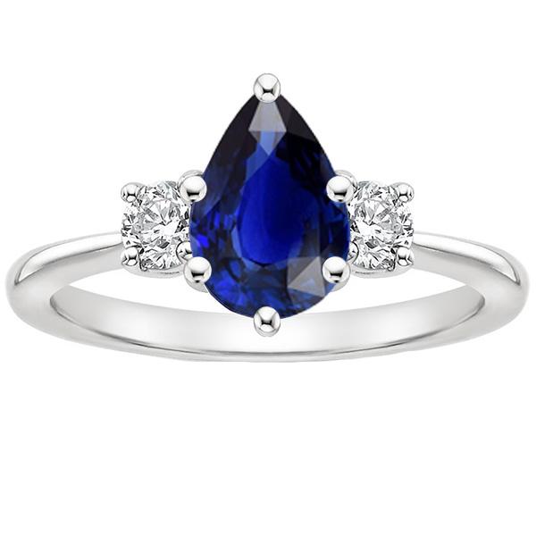 3.50 CT White Gold 3 Stone Pear Ceylon Sapphire & Diamonds Ring, Size 6.5