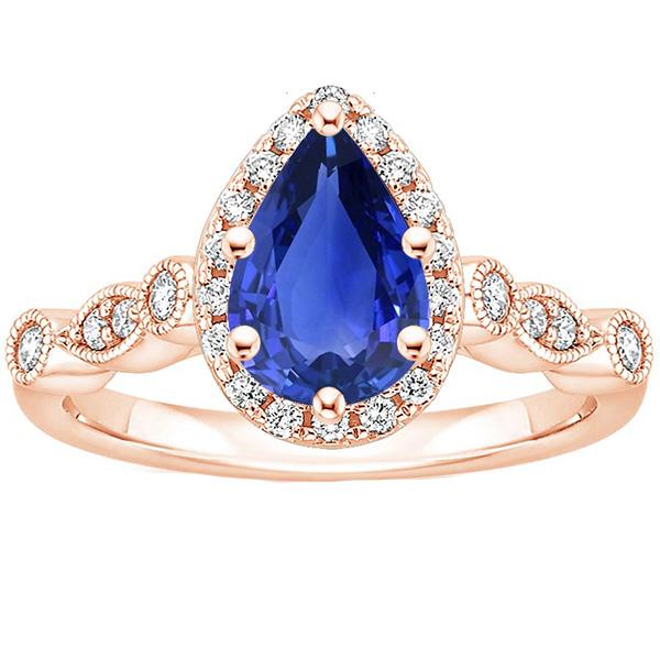 66507 4 CT Vintage Style Pear Blue Sapphire & Diamonds Halo Ring, Size 6.5