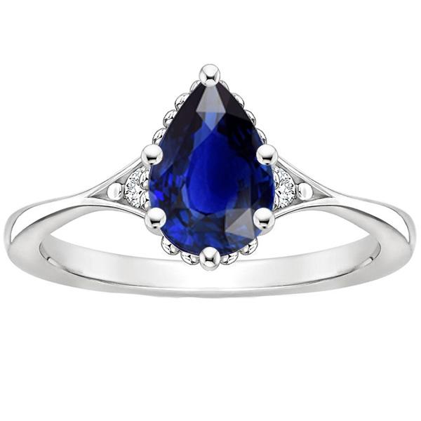 66509 3.25 CT 3 Stone Split Shank Pear Blue Sapphire & Diamonds Ring, Size 6.5