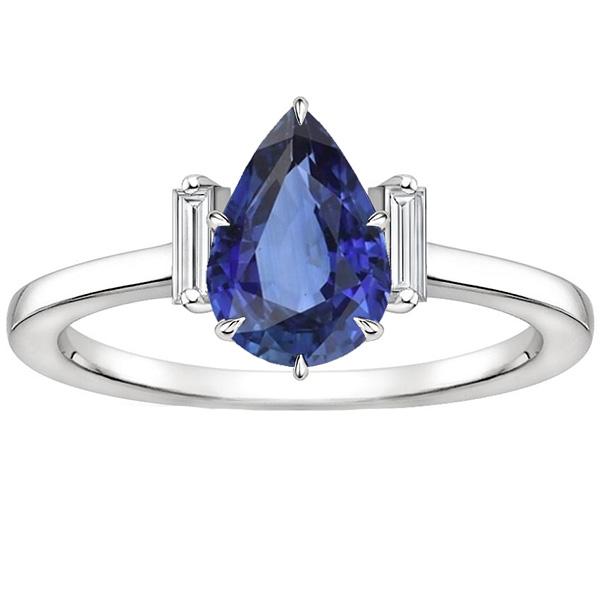 66527 3 CT Three Stone Pear Sri Lankan Sapphire & Baguette Diamonds Ring, Size 6.5