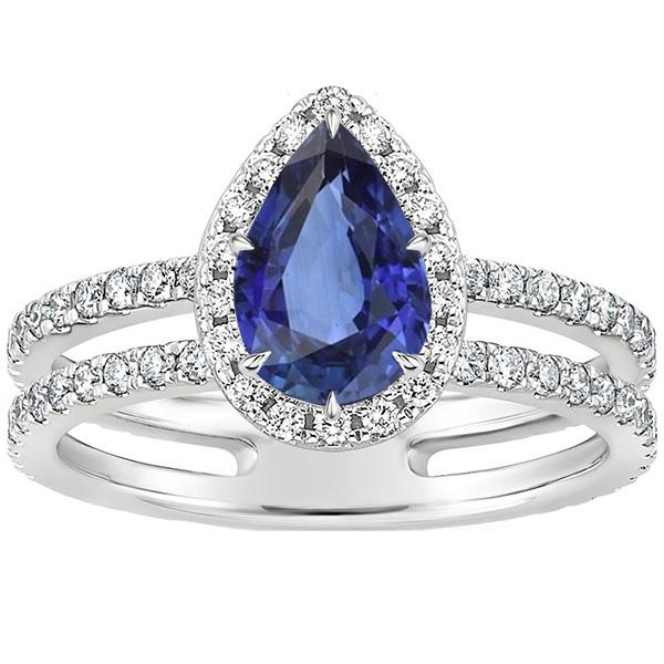 66529 4.50 CT Double Shank Pear Blue Sapphire & Diamonds Halo Ring, Size 6.5