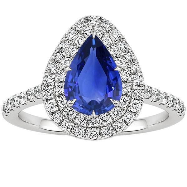 66533 4.50 CT Double Pear Cut Ceylon Sapphire & Diamonds Halo Ring, Size 6.5