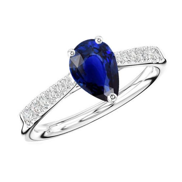66969 3 CT Ladies Diamond Blue Pear Shaped Sapphire Ring, Size 6.5