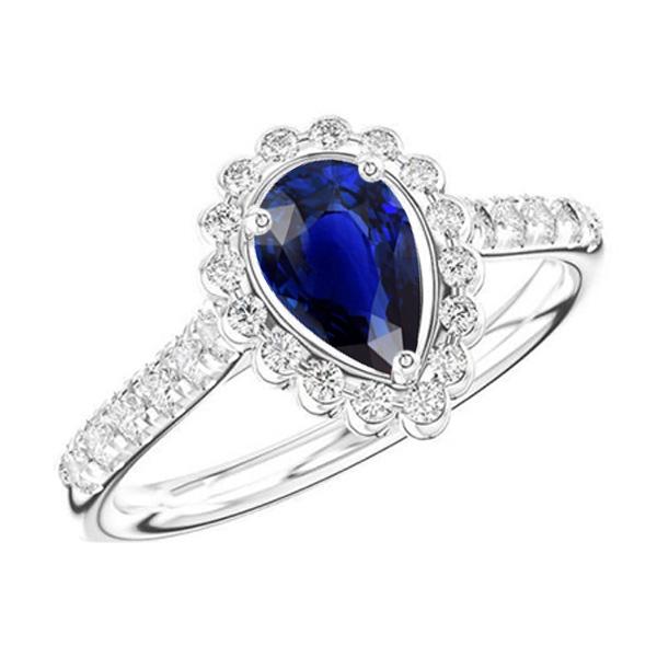66970 4 CT Halo Srilanka Pear White Gold & Diamonds Sapphire Ring, Size 6.5