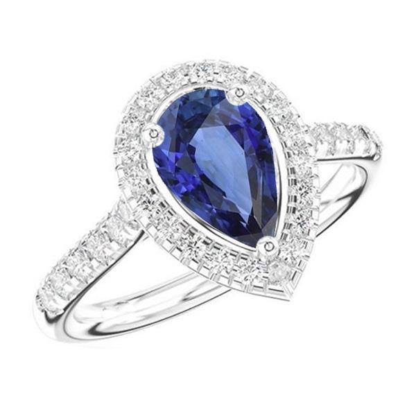 66973 4 CT Pear Shaped Blue Sapphire & Diamonds Halo Ring, Size 6.5