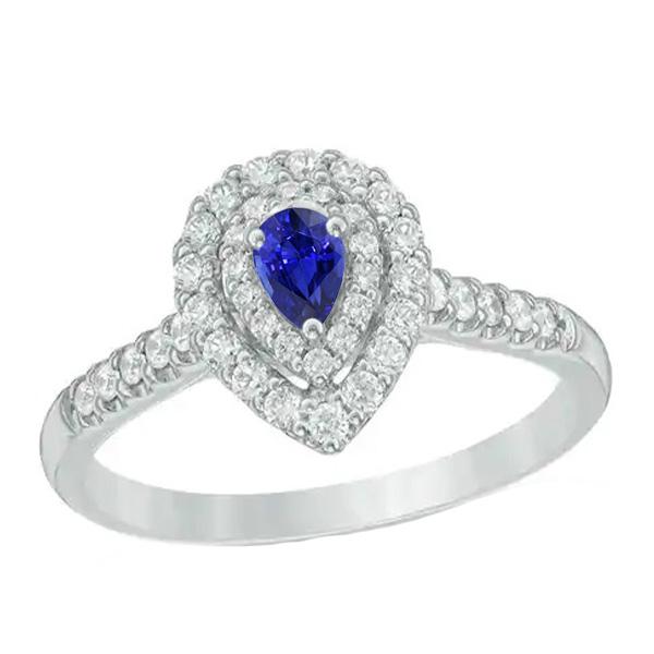 66975 3 CT Double Halo Sri Lankan Pear & Diamonds Sapphire Ring, Size 6.5