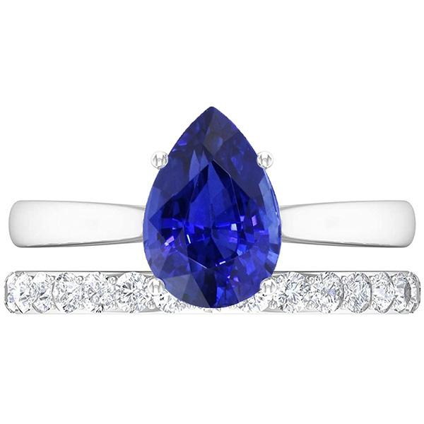 66983 4.50 CT Pear Blue Sapphire Set White Gold & Diamonds Wedding Ring, Size 6.5