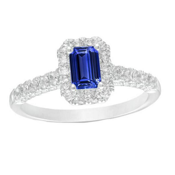 66984 3.50 CT Halo Ceylon Emerald Cut & Diamonds Sapphire Ring, Size 6.5