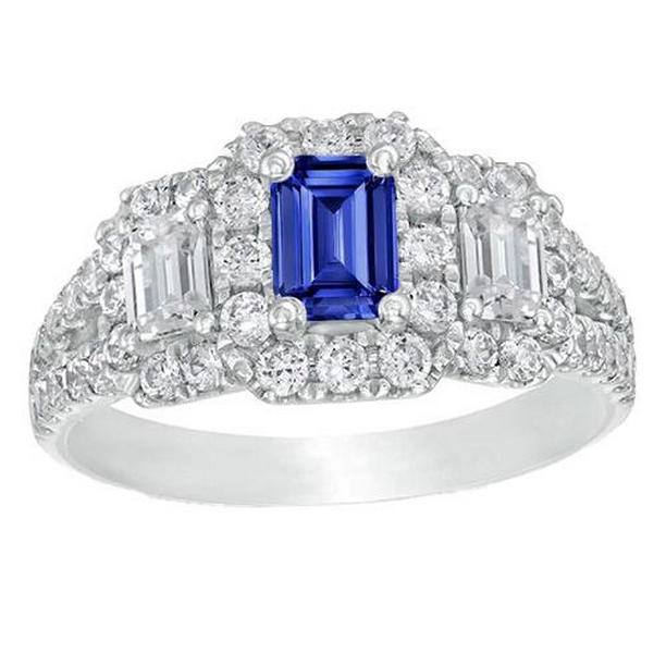 66985 4 CT Blue Sapphire Radiant Cut Emerald & Round Diamonds Halo Ring, Size 6.5
