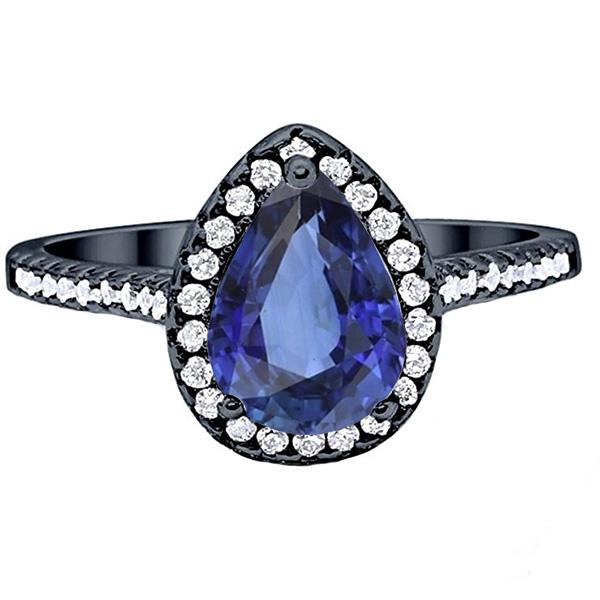 66992 4 CT Black Gold Halo Pear Shaped Blue Sapphire & Diamonds Ring, Size 6.5