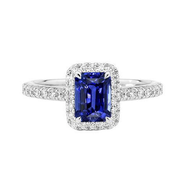 67002 3 CT Radiant Halo Ceylon Sapphire & Diamonds Anniversary Ring, Size 6.5