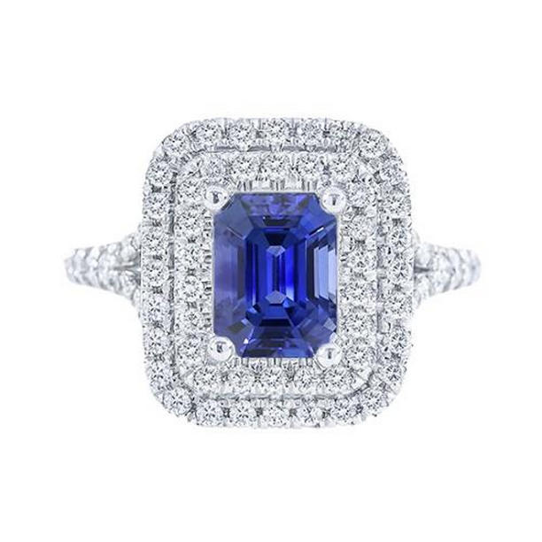 67003 4 CT Double Halo Radiant Blue Sapphire & Diamonds Wedding Ring, Size 6.5