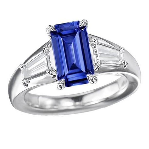 67004 3.50 CT 3 Stone Srilanka Emerald & Baguette Diamonds Sapphire Ring, Size 6.5