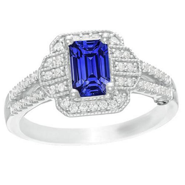 67010 4 CT Diamond Halo Emerald Blue Vintage Style Sapphire Ring, Gold - Size 6.5