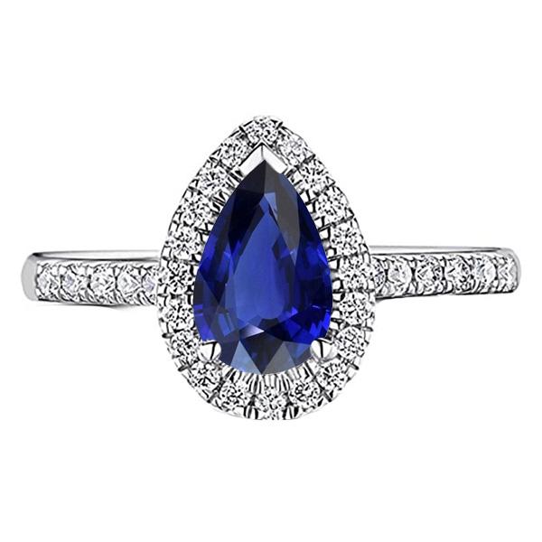3.50 CT Halo Srilanka Sapphire Pear Shaped Ring & Diamonds, Size 6.5