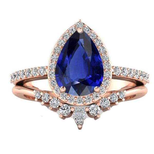 67019 4.50 CT Pear Halo Set Deep Blue Sapphire & Diamonds Wedding Ring, Size 6.5
