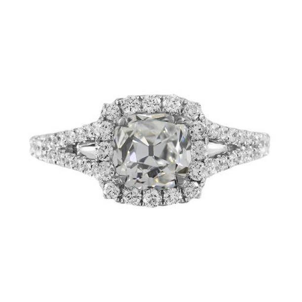 67486 2 CT Gold Halo Old Cut Cushion Diamond Split Shank Wedding Ring, Size 6.5