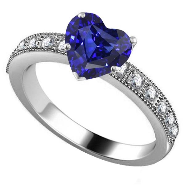 67932 3.50 CT Diamond Heart Shaped Blue Sapphire Gemstone Ring, Size 6.5