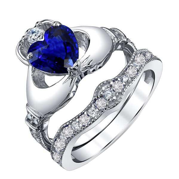 67946 3.50 CT Diamond Engagement Ring Set with Heart Ceylon Sapphire, Gold - Size 6.5