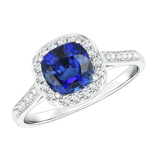 Cushion Sapphire Halo 3.50 CT 14K White Gold Diamond Ring, Size 6.5