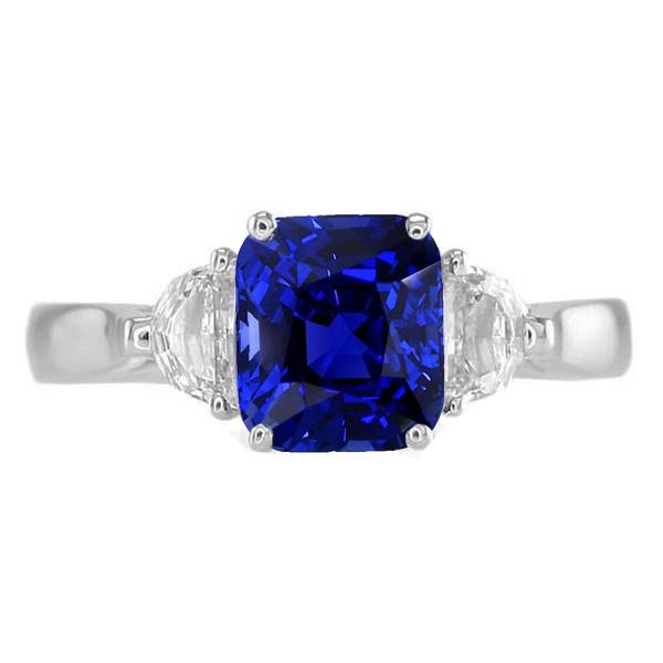 67959 3 CT Gold Halo Cushion Sapphire & Half Moon Diamond Wedding Ring, Size 6.5