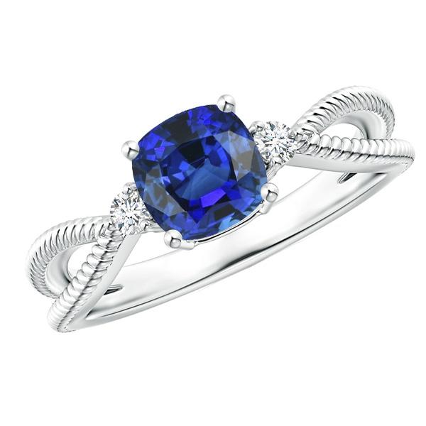 67966 Cushion Sapphire 3 Stone Split Shank 2.25 CT Rope Style Ring, Size 6.5