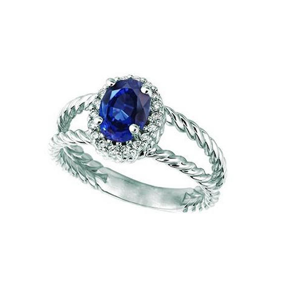 1.55 CT Sapphire & Diamond Oval Fancy Ring, 14K White Gold - Size 6.5