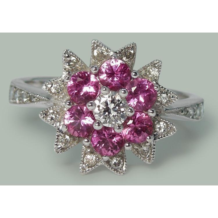 2329 Diamonds & Pink Sapphires 1.15 CT Flower Style Ring, 18K White Gold - Size 6.5