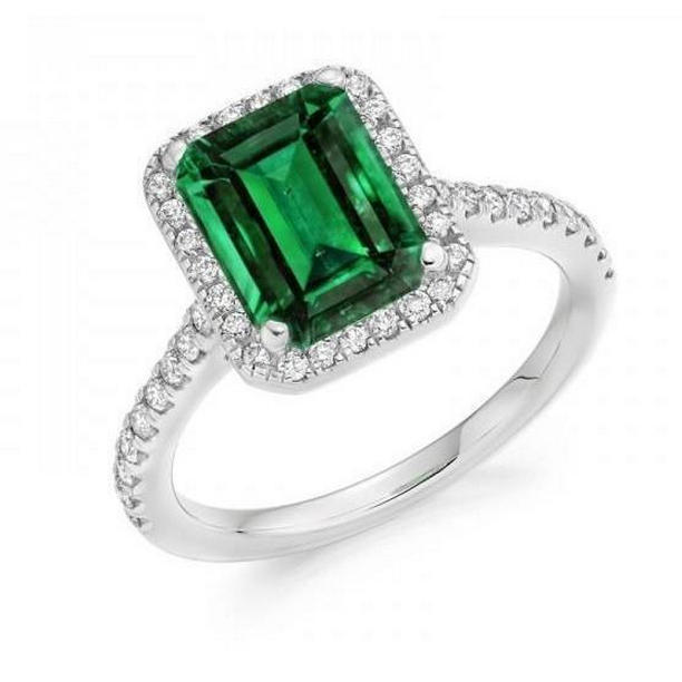 24708 11.25 CT Emerald & Diamonds Engagement Ring, 14K White Gold - Size 6.5