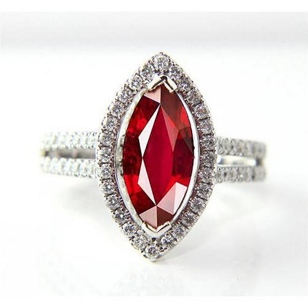 24718 Marquise Shape Red Ruby & 4.50 CT White Gold Diamond Ring, Size 6.5