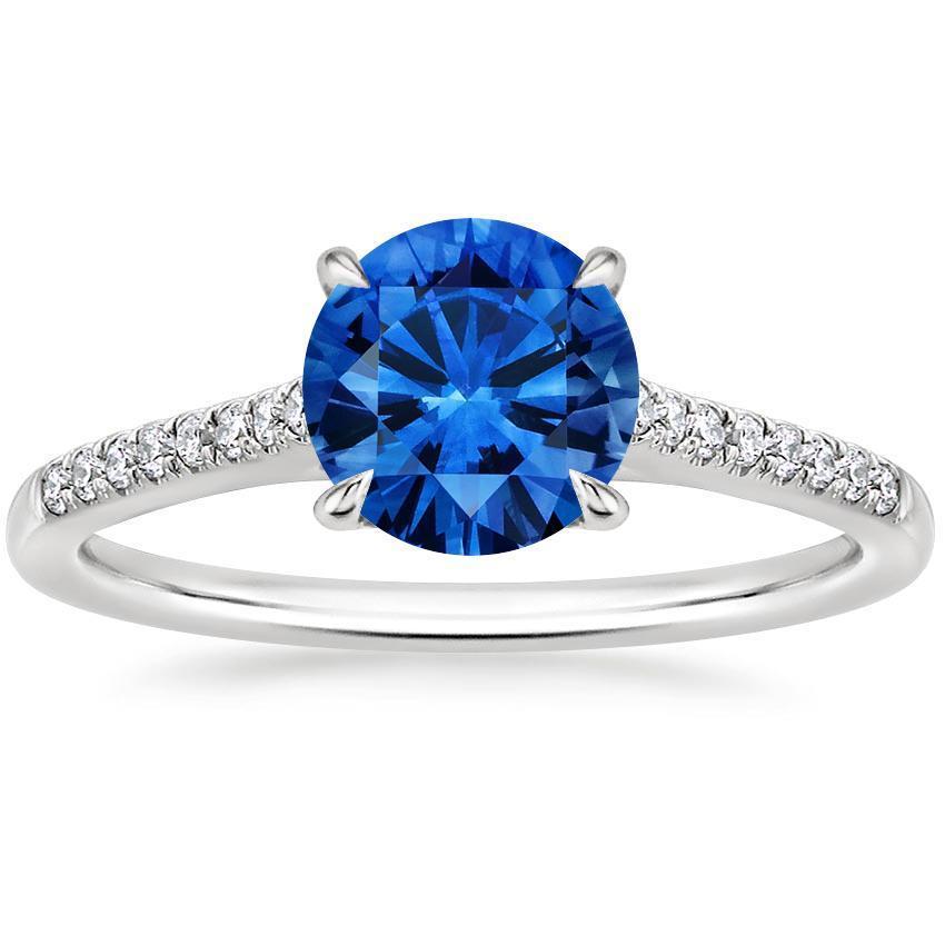 24768 1.30 CT Sri Lanka Blue Sapphire Round 14K White Gold Diamond Ring, Size 6.5