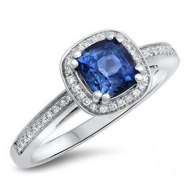 Picture of Harry Chad Enterprises 24790 1.70 CT Cushion Sri Lanka Blue Sapphire Solid Gold Diamond Ring&#44; Size 6.5