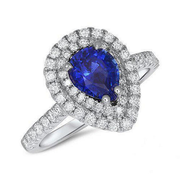 24812 4 CT Pear Cut Ceylon Sapphire 14K White Gold Diamond Ring, Size 6.5