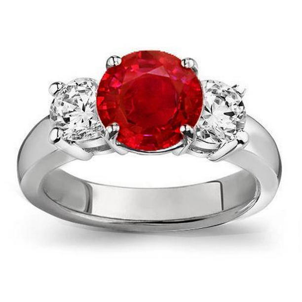 29621 3.50 CT 3 Stone Ruby & Diamonds Ring White Gold Prong Set, Size 6.5