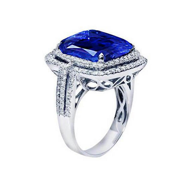 Picture of Harry Chad Enterprises 29896 4.50 CT Cushion Ceylon Blue Sapphire & Round Diamond Engagement Ring&#44; Size 6.5