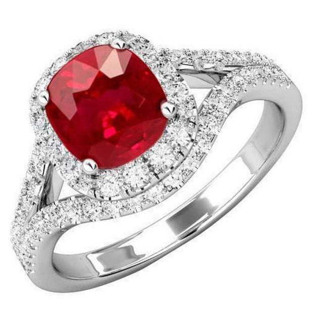 29904 4.35 CT Halo Ruby & Diamonds Split Shank Ring, 14K White Gold - Size 6.5