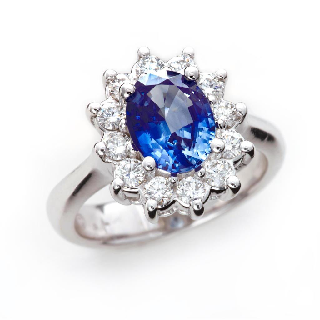30016 3.60 CT Blue Sapphire & Flower Style Diamond Ring, 14K White Gold - Size 6.5