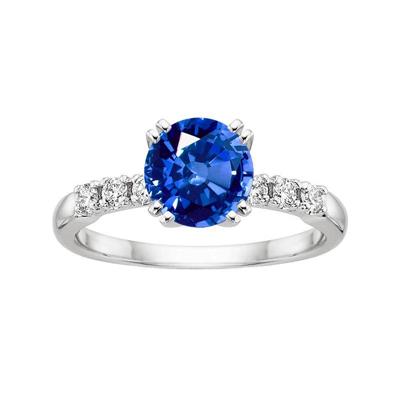 30046 1.30 CT Round Ceylon Sapphire Diamond Ring, 14K White Gold - Size 6.5