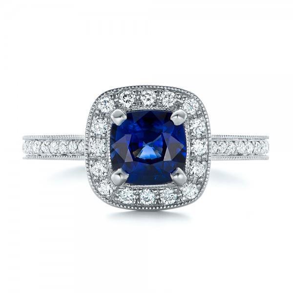 30080 4 CT Ceylon Blue Sapphire Halo Diamonds Ring, 14K White Gold - Size 6.5