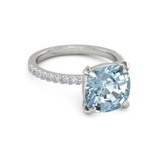 8.70 CT Aquamarine with Diamonds Ring Prong Set, 14K White Gold - Size 6.5
