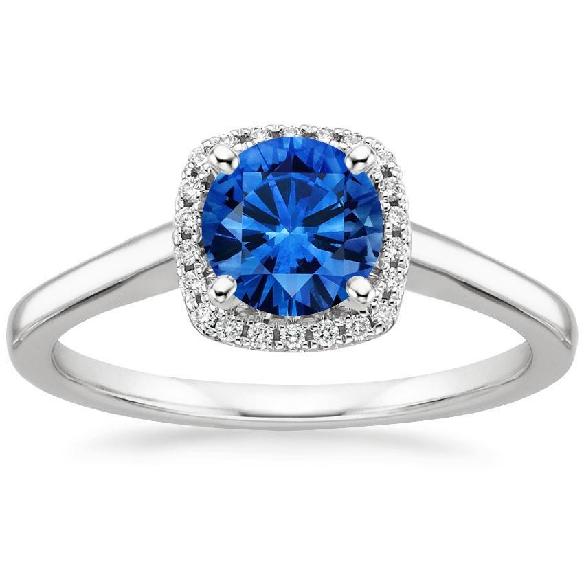 2.70 CT Halo Ceylon Sapphire Diamonds Ring, 14K White Gold - Size 6.5