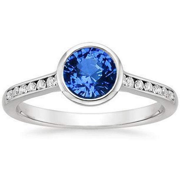 35697 3.50 CT Bezel Set Round Ceylon Sapphire & Diamonds Ring, 14K White Gold - Size 6.5