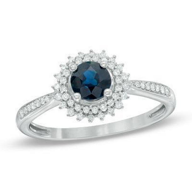 35765 3.10 CT Round Ceylon Blue Sapphire & Diamonds Ring, 14K White Gold - Size 6.5