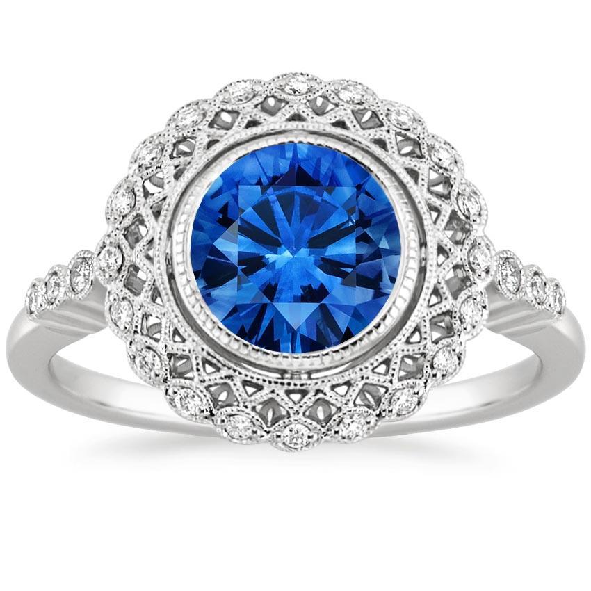 35831 3.80 CT Round Ceylon Sapphire Bezel Set Diamond Ring, 14K White Gold - Size 6.5