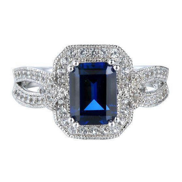 35890 3.5 CT Emerald Cut Sri Lanka Sapphire 14K White Gold Diamond Ring, Size 6.5