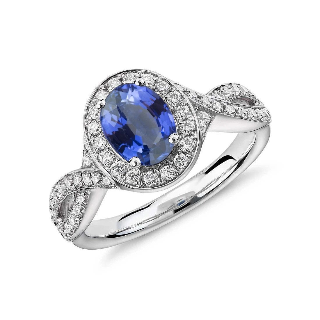 35975 1.55 CT Oval Ceylon Sapphire & Round Diamond Ring, 14K White Gold - Size 6.5