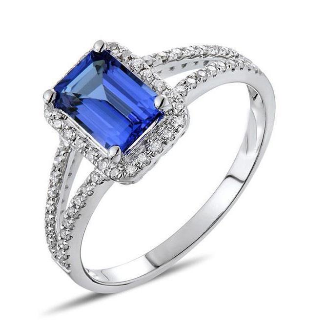 36087 3.80 CT Emerald & Ceylon Sapphire Round Diamond Ring, 14K White Gold - Size 6.5