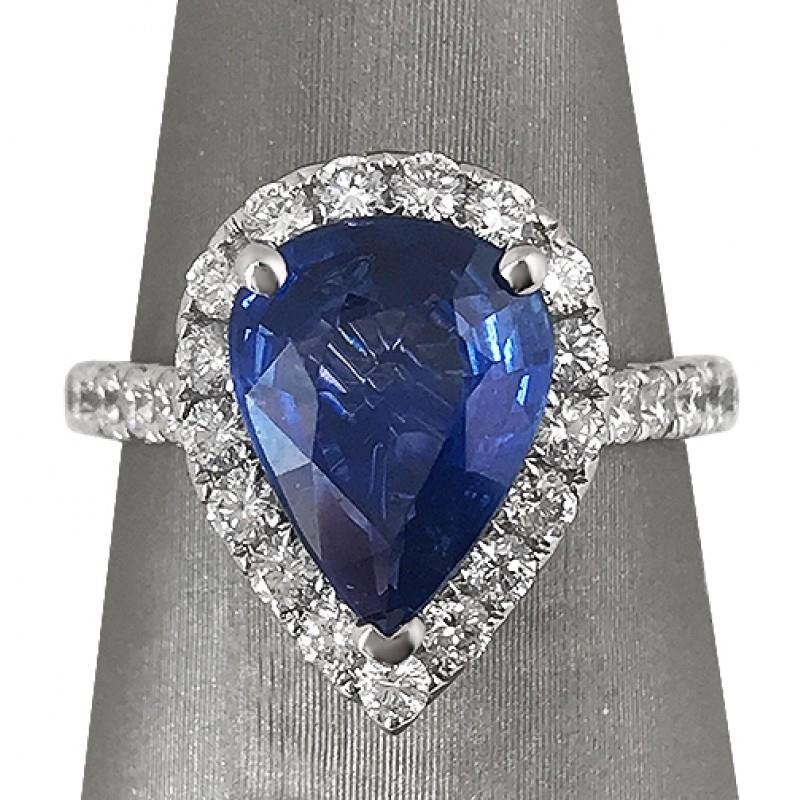 40093 3.75 CT Blue Pear Cut Sapphire with Round Accent Diamonds Ring, Size 6.5