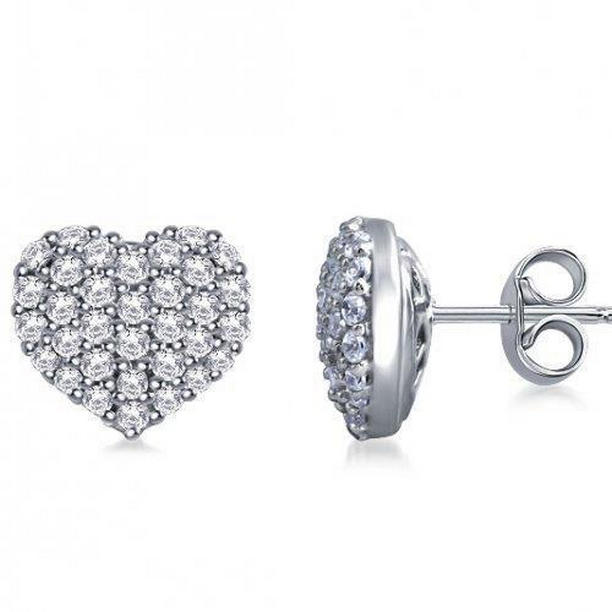 41432 2 CT Round Diamond Stud Heart Style Earring Pave Set, 14K White Gold