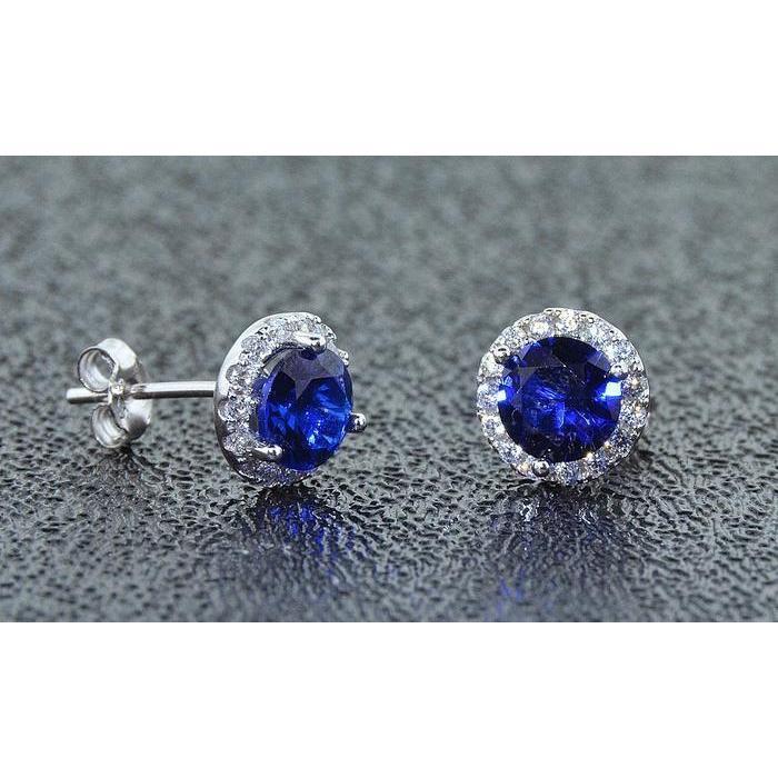 Picture of Harry Chad Enterprises 41458 2.40 CT Ceylon Sapphire Halo Diamond Stud Earrings&#44; 14K White Gold